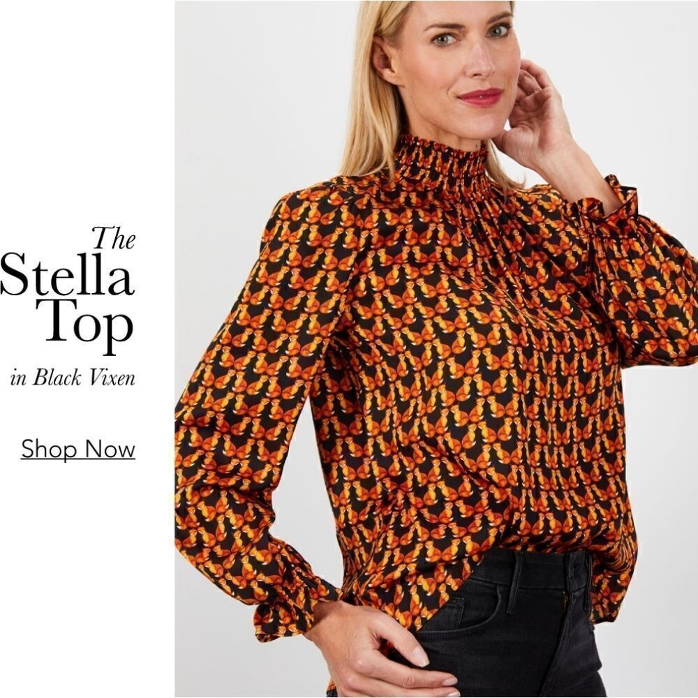 Tucker Stella Top in Black Vixen Silk Fox Print Smocked Mock Neck